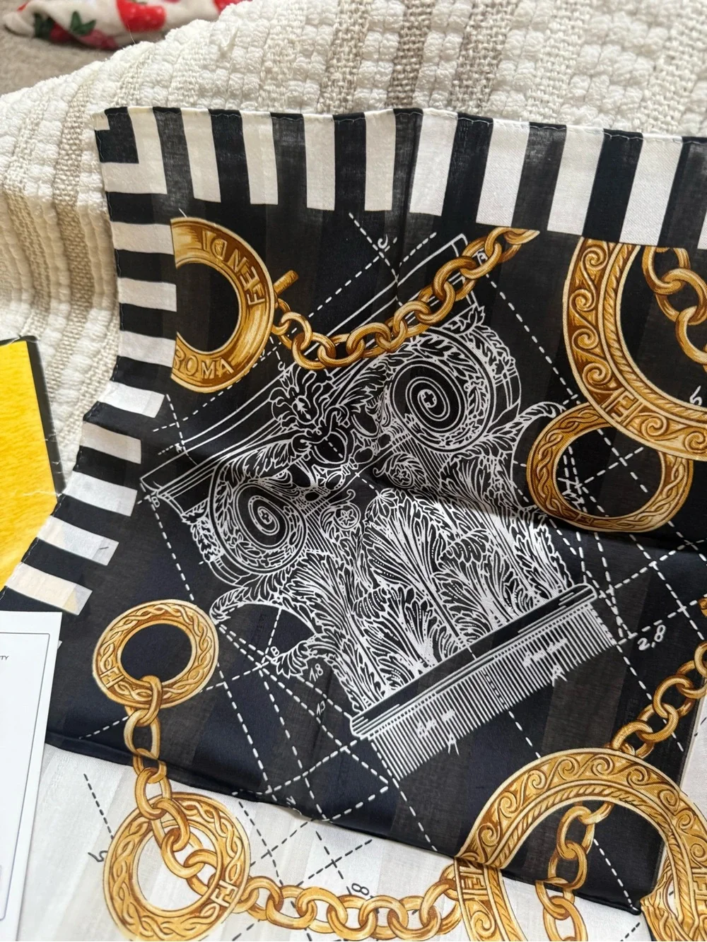 Fendi Black, White & Gold Chain-Print Silk Scarf